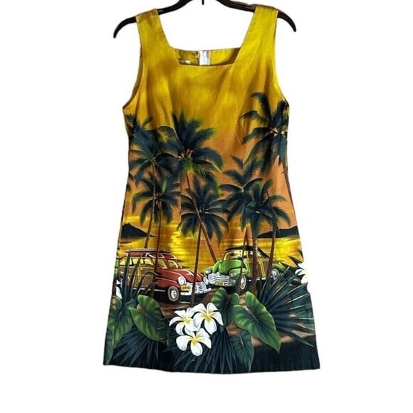 VTG Shannon Marie Hawaiian Dress Vintage Car Aloha Palm Tree Tropical Plumeria M - Picture 6 of 6